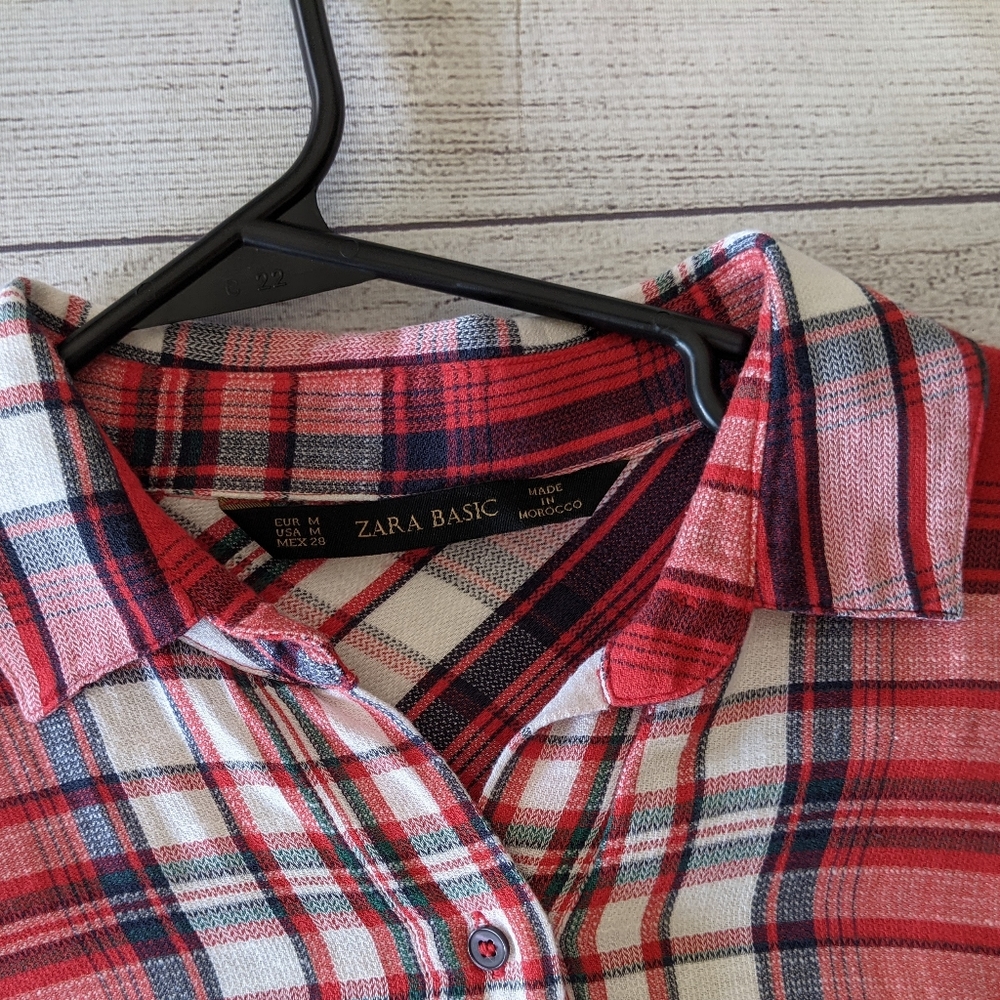 Zara Basic Plaid Button Down Shirt Red - image 3